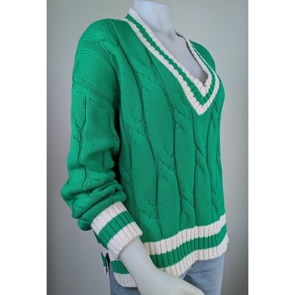Aerie Cable Knit Sweater Medium Green White Striped V Neck Varsity Oversized - Picture 2 of 10